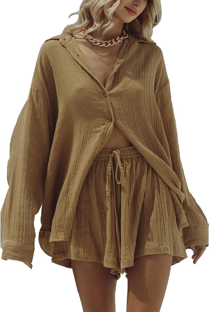 Dames Tweedelige Set – Oversized Blouse met Lange Mouwen – Relaxte Shorts – Ademend Materiaal