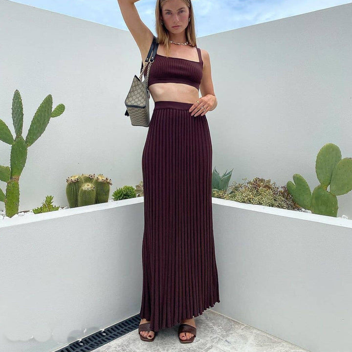 Dames Set – Slim Fit Cropped Top – Vierkante Hals – Maxi Plissérok – Zachte Knit