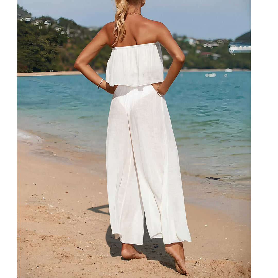 Dames Tweedelige Set – Strapless Top – Wijde Lange Broek – Luchtige Stof