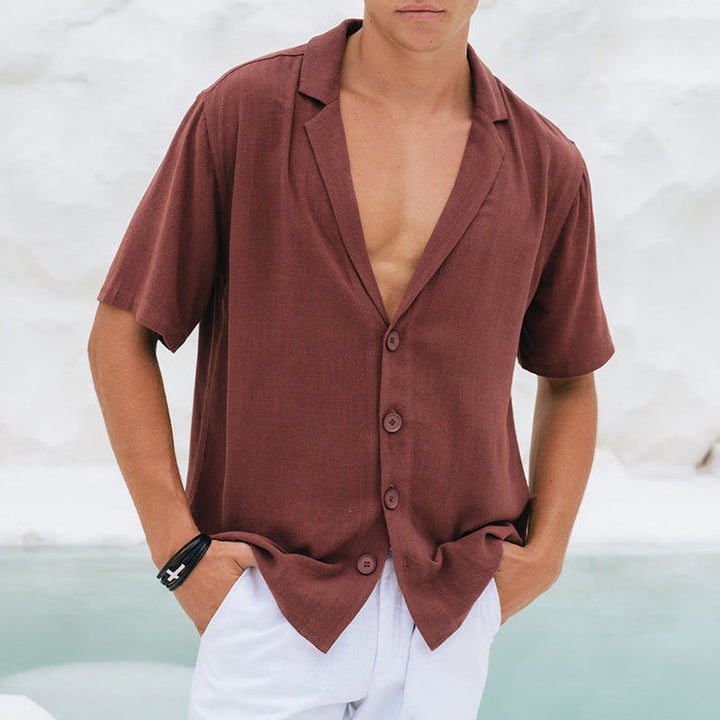 Heren Overhemd – Relaxed Fit – Ademend Materiaal – Korte Mouwen – Diepe V-Hals