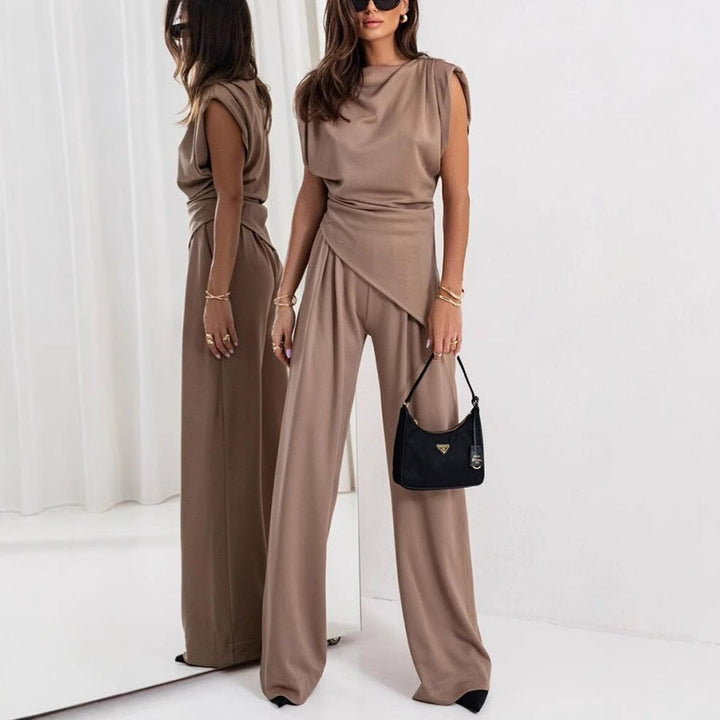 Dames Two-Piece Set – Relaxed Fit – Draped Top – Hoge Taille Wijde Pijpen