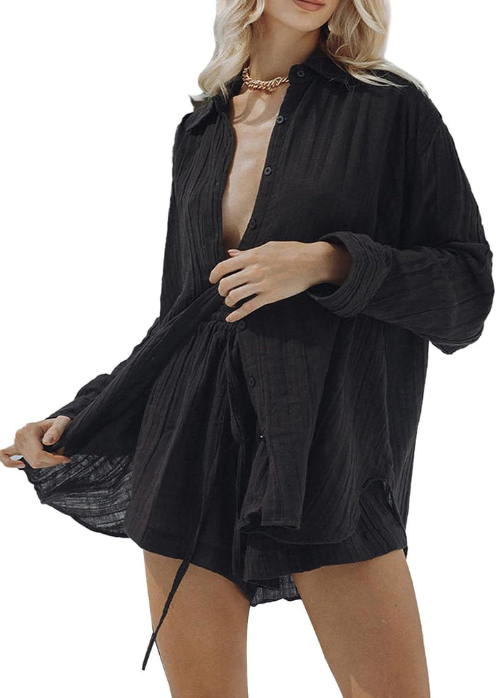 Dames Tweedelige Set – Oversized Blouse met Lange Mouwen – Relaxte Shorts – Ademend Materiaal