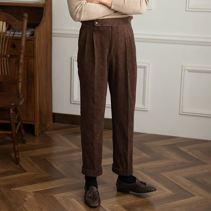 Heren Broek – Rechte Pasvorm – Hoge Taille – Luxe Ribstof – Geplooid Vooraan – Enkelhoogte