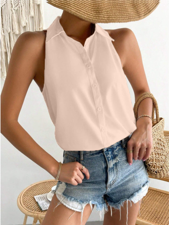 Dames Mouwloze Blouse – Satijnafluweel – Relaxte Pasvorm – Knoopsluiting – Heuplang