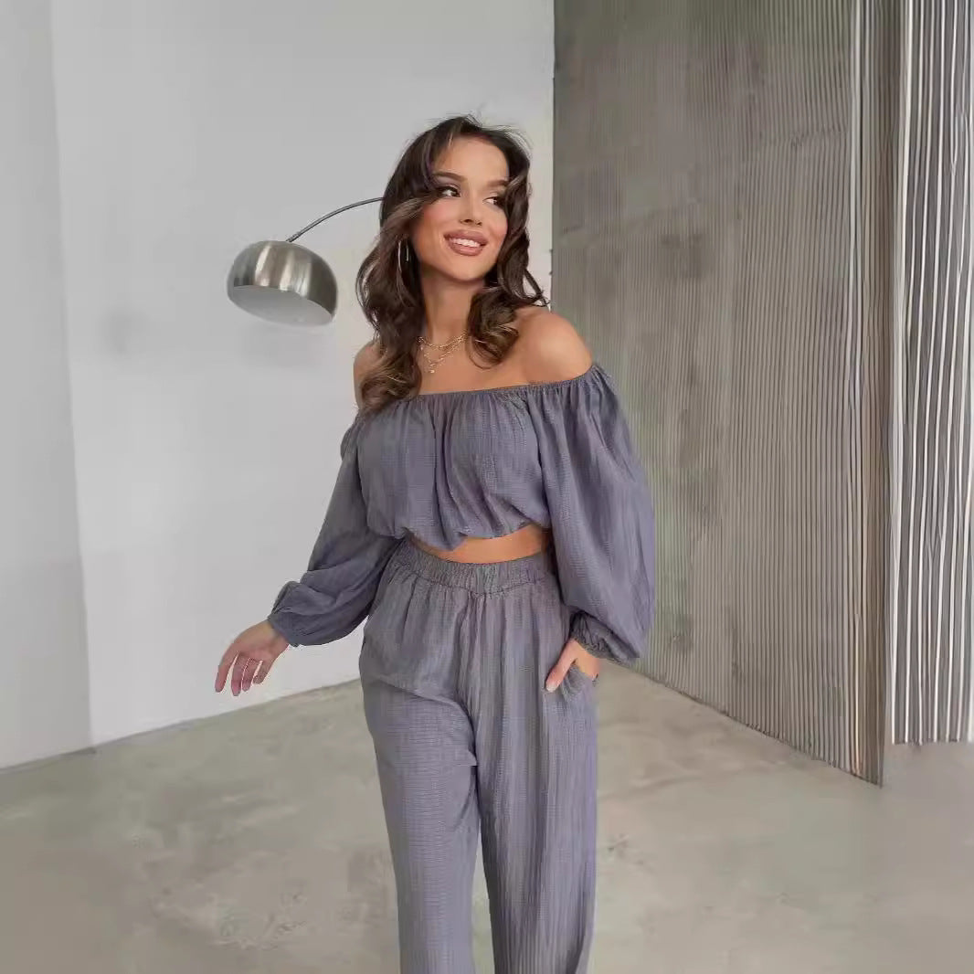 Dames Tweedelige Set – Off-Shoulder Crop Top – Hoge Taille Wijde Pijpen – Luchtige Stof