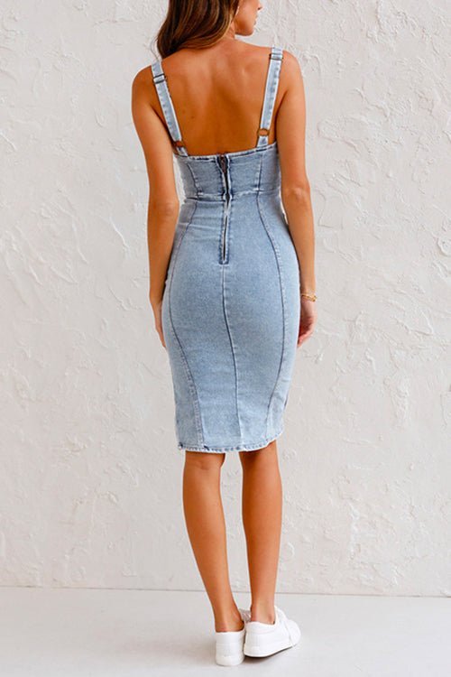 Ofelia | Elegante Denim Jurk met Verstelbare Bandjes en Slit
