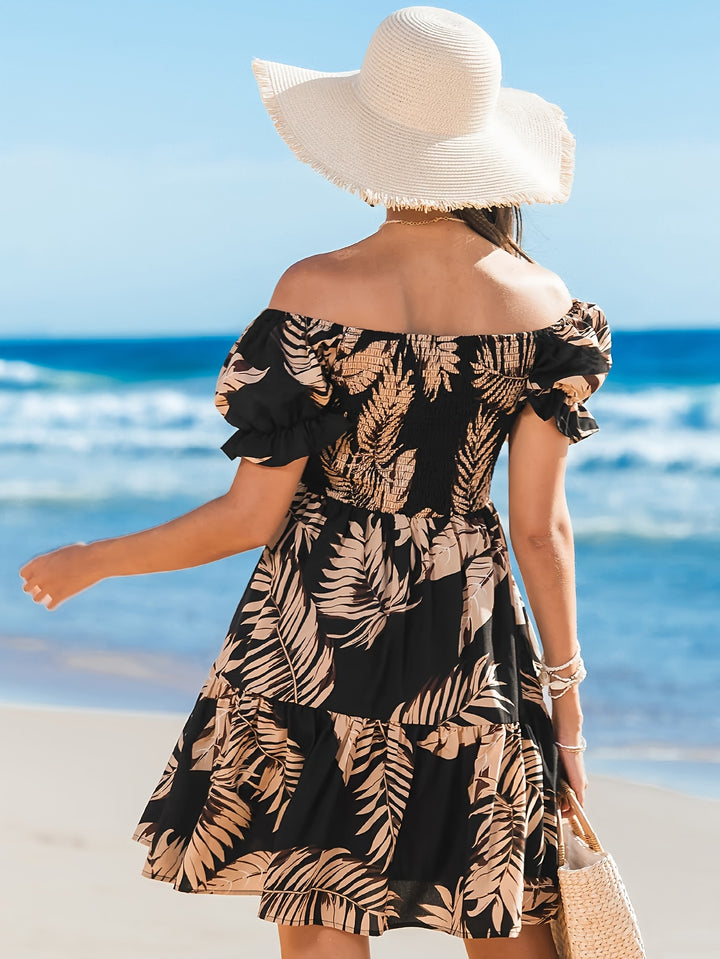 Olivia | Tropische Off-Shoulder Jurk met Gelaagde Ontwerpen