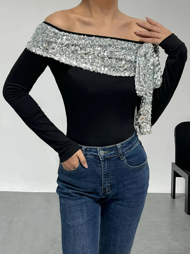 Pauline | Off-Shoulder Pailletten Top met Lange Mouwen
