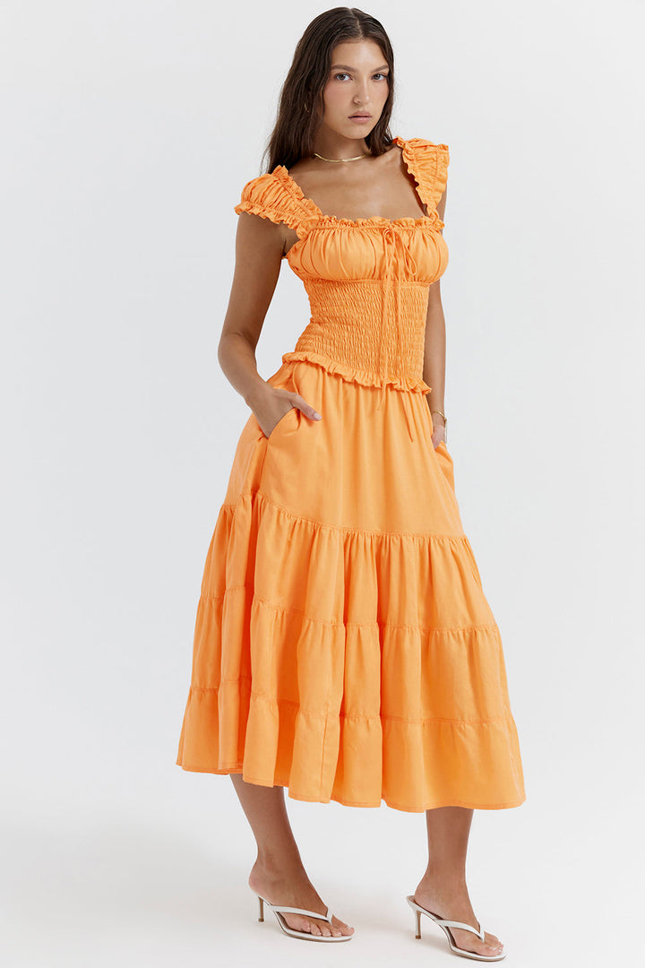 Quincee | Elegante Gesmokte Midi-jurk met Ruches voor Dames