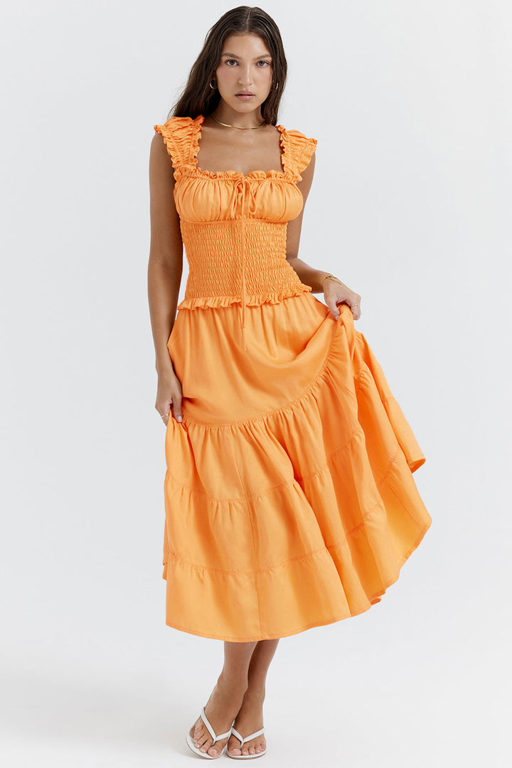 Quincee | Elegante Gesmokte Midi-jurk met Ruches voor Dames