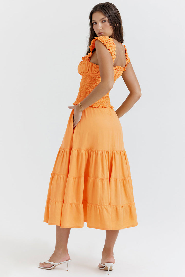 Quincee | Elegante Gesmokte Midi-jurk met Ruches voor Dames