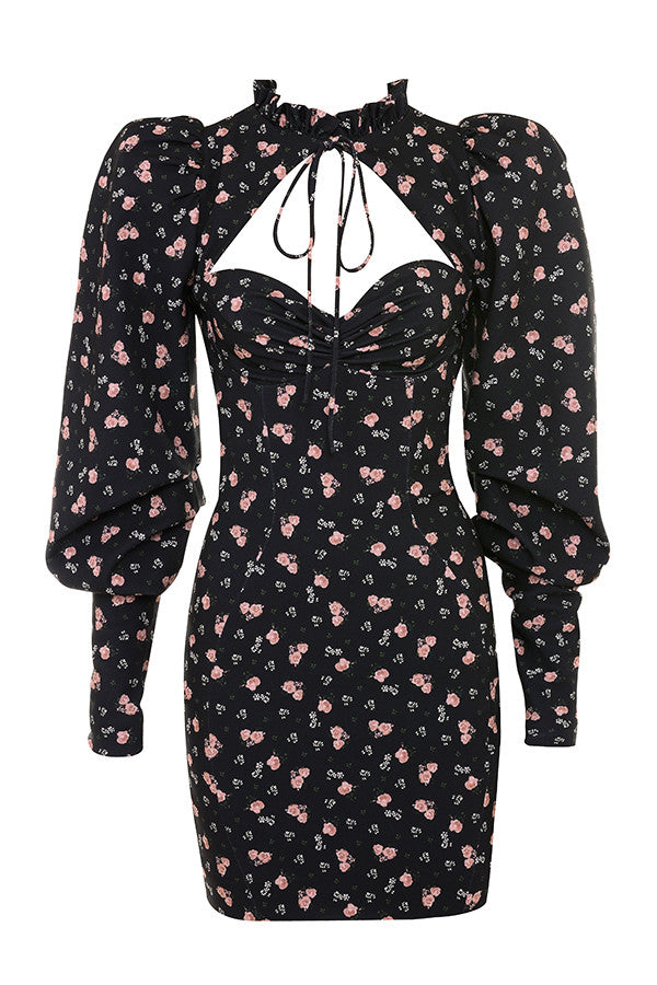 Raven | Elegante Mini Jurk met Bloemenprint en Pofmouwen