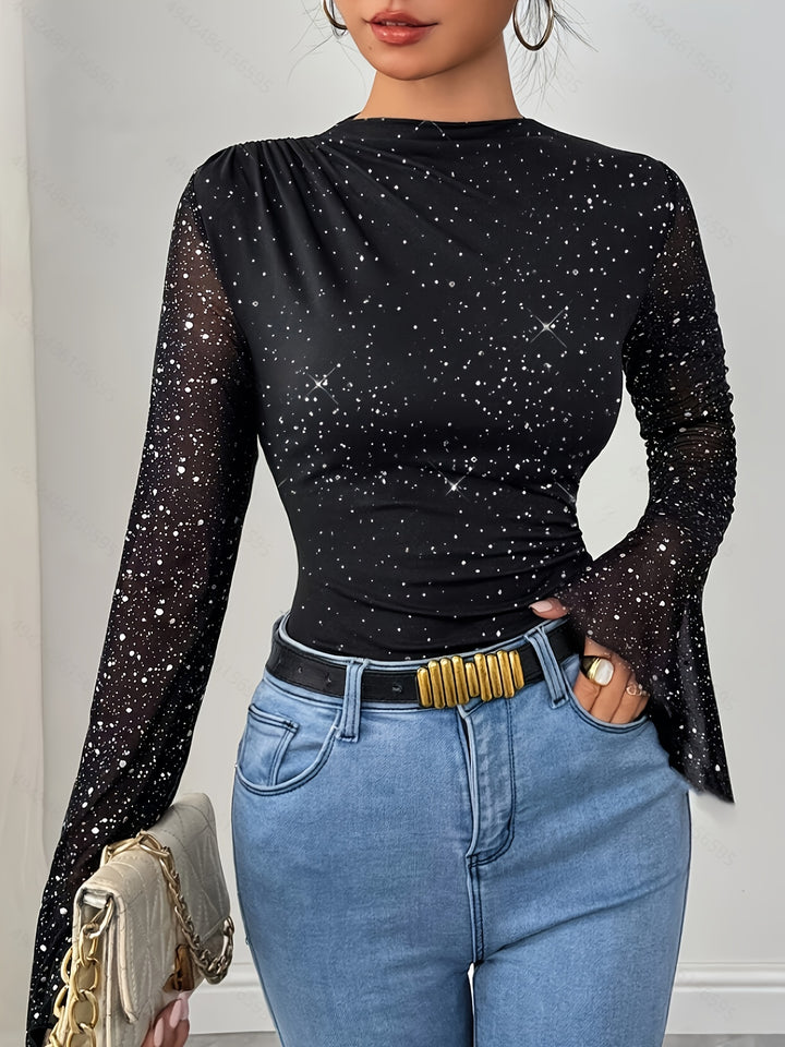 Romée | Glitter Mesh Top met Lange Mouwen