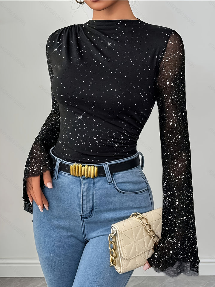 Romée | Glitter Mesh Top met Lange Mouwen