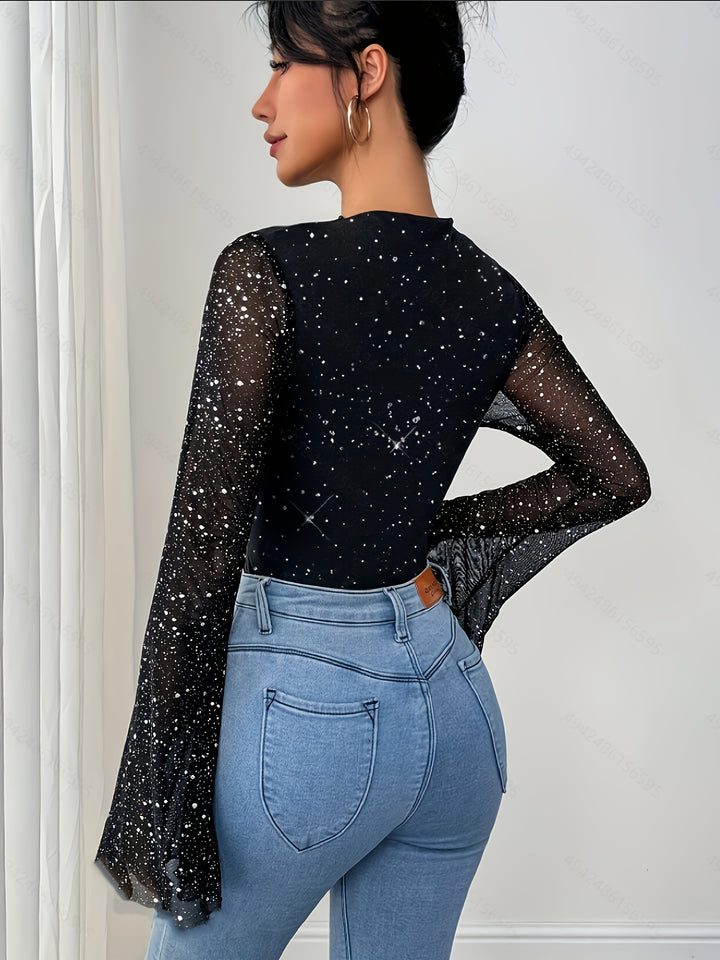 Romée | Glitter Mesh Top met Lange Mouwen