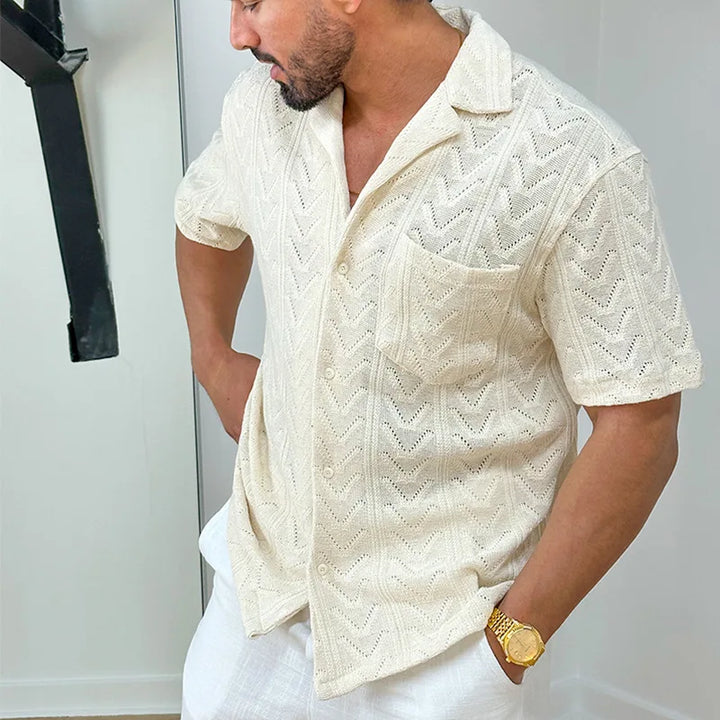 Heren overhemd – Relaxed fit – Zachte jacquard structuur – Korte mouw casual kraag