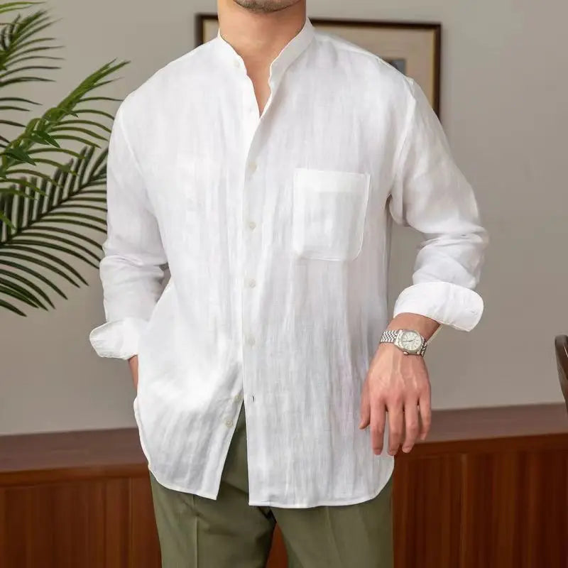 Heren Overhemd – Relaxed Fit – Mandarin Kraag – Lange Mouwen – Natuurlijke Stoffen