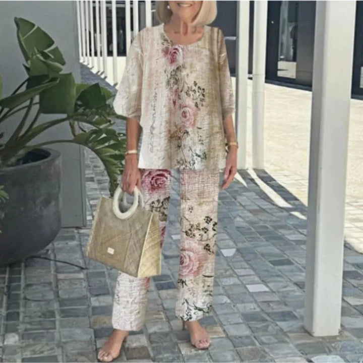 Dames Tweedelige Set – Luchtige Stof – Losvallende Top – Botanisch Rechte Broek