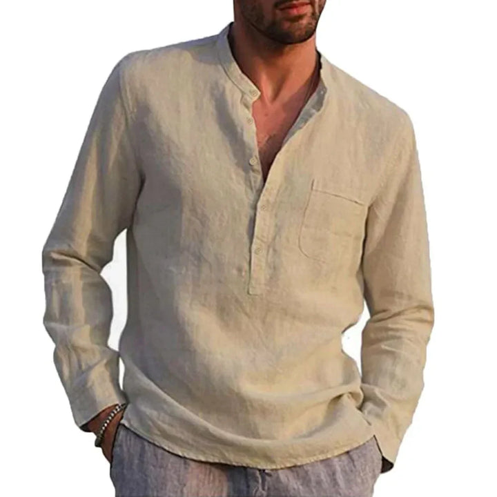 Heren Overhemd Lange Mouw – Relaxed Fit – Natuurlijk Textiel – Staande Kraag