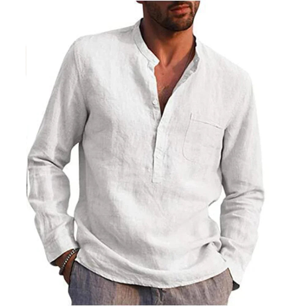 Heren Overhemd Lange Mouw – Relaxed Fit – Natuurlijk Textiel – Staande Kraag