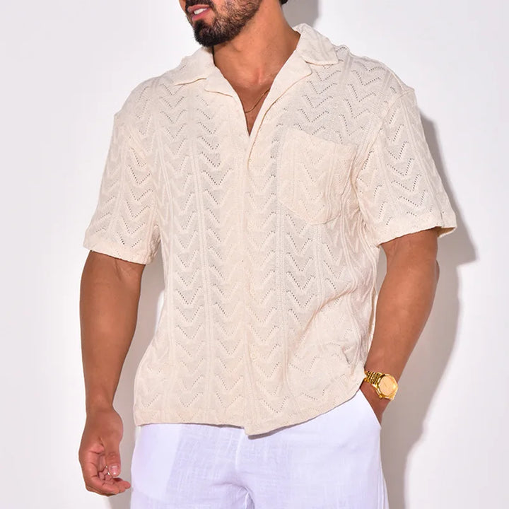 Heren overhemd – Relaxed fit – Zachte jacquard structuur – Korte mouw casual kraag