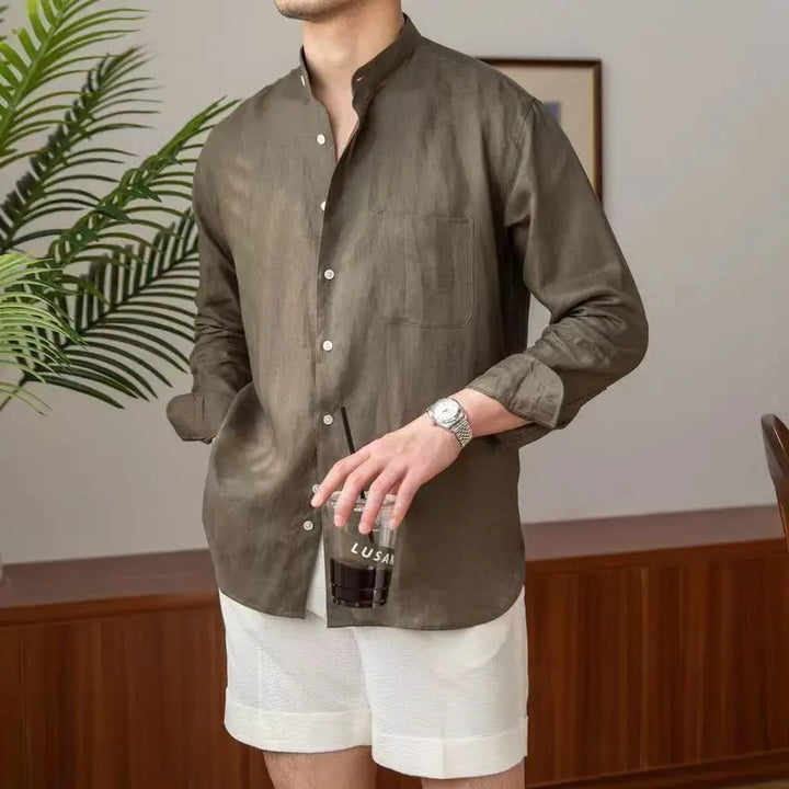 Heren Overhemd – Relaxed Fit – Mandarin Kraag – Lange Mouwen – Natuurlijke Stoffen