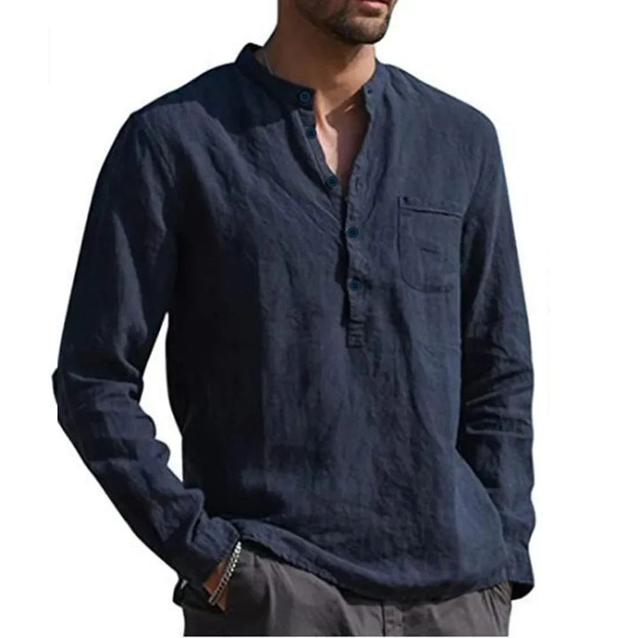 Heren Overhemd Lange Mouw – Relaxed Fit – Natuurlijk Textiel – Staande Kraag