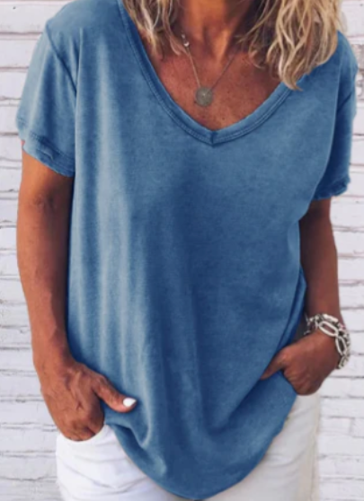 Selma Effen T-shirt met Korte Mouwen en V-Hals voor Dames