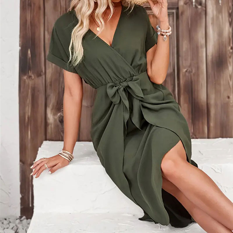 Sophie | Elegante V-hals Jurk met Strik in Donkergroen