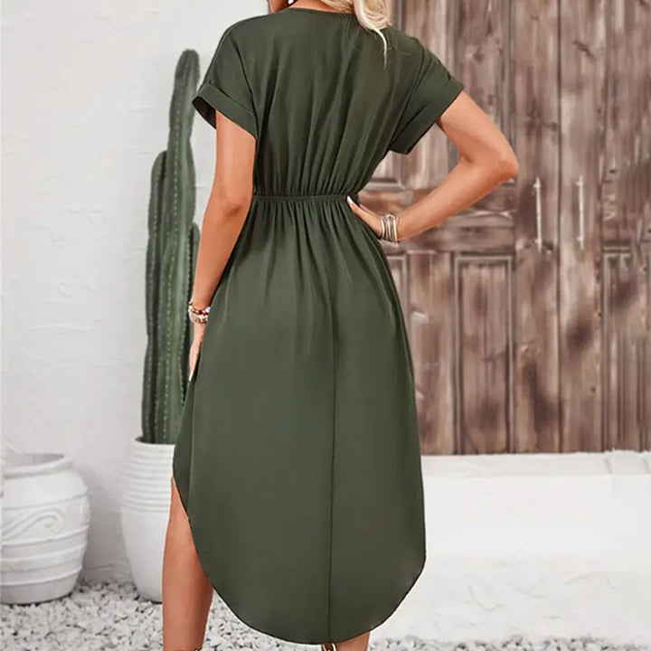 Sophie | Elegante V-hals Jurk met Strik in Donkergroen