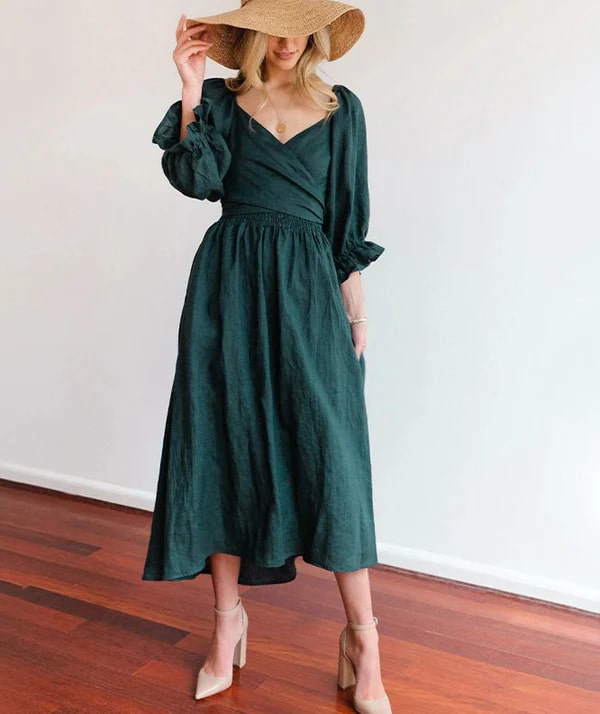 Stefanie - Elegante Midi Jurk met Pofmouwen