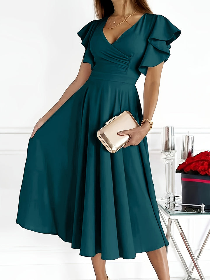 Teresa | Blauwgroene Midi Jurk met Volants Mouwen