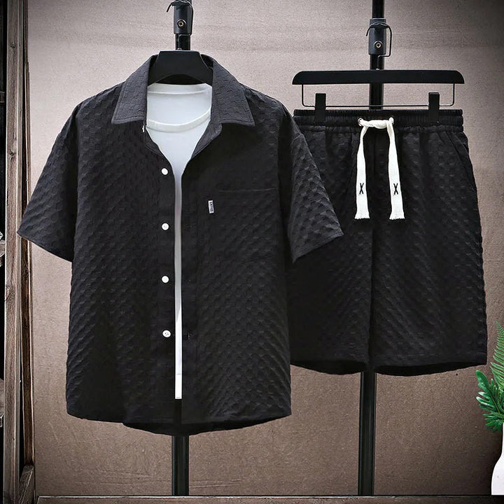 Heren Streetwear Set – Relaxed Fit Shirt en Shorts – Textuurstof – Ademend Ontwerp