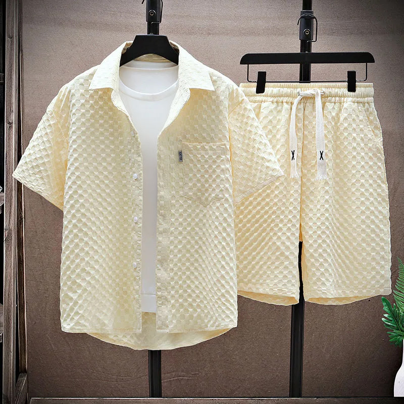 Heren Streetwear Set – Relaxed Fit Shirt en Shorts – Textuurstof – Ademend Ontwerp