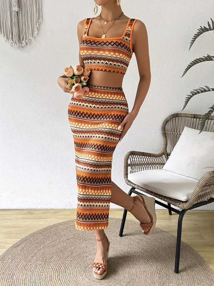 Vanessa | Trendy Tweedelige Set met Boho Print en Midi-Rok