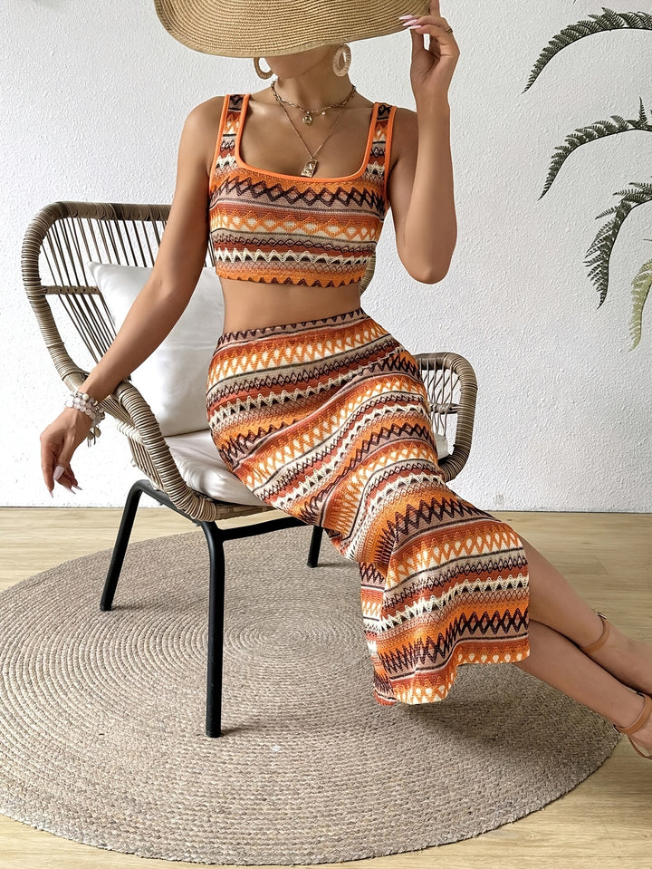 Vanessa | Trendy Tweedelige Set met Boho Print en Midi-Rok