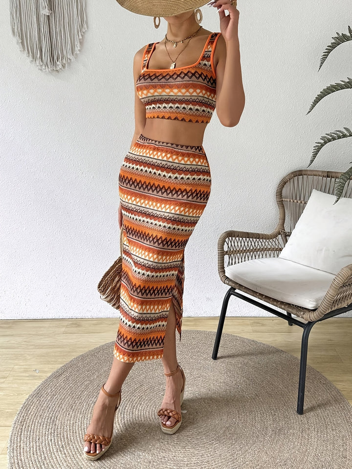 Vanessa | Trendy Tweedelige Set met Boho Print en Midi-Rok