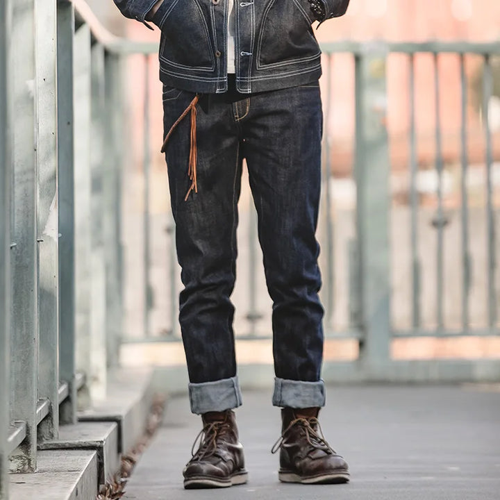 Xavier | Raw Selvage Denim Jeans met Graffiti en Pony Haar Patch voor Mannen
