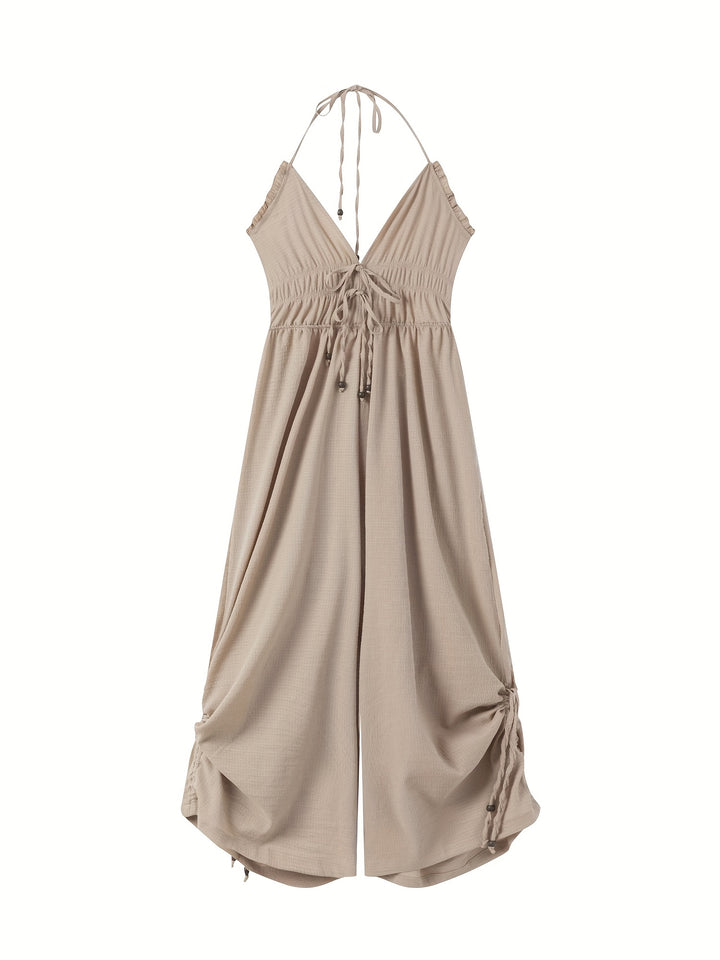 Xyla | V-hals Wijd Pijp Jumpsuit met Strikhals