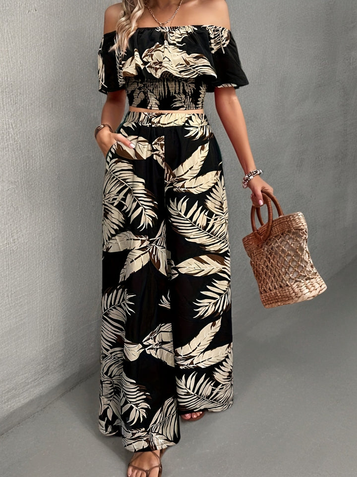Zainab | Off-Shoulder Top & Wijde Broek Set - Tropische Print