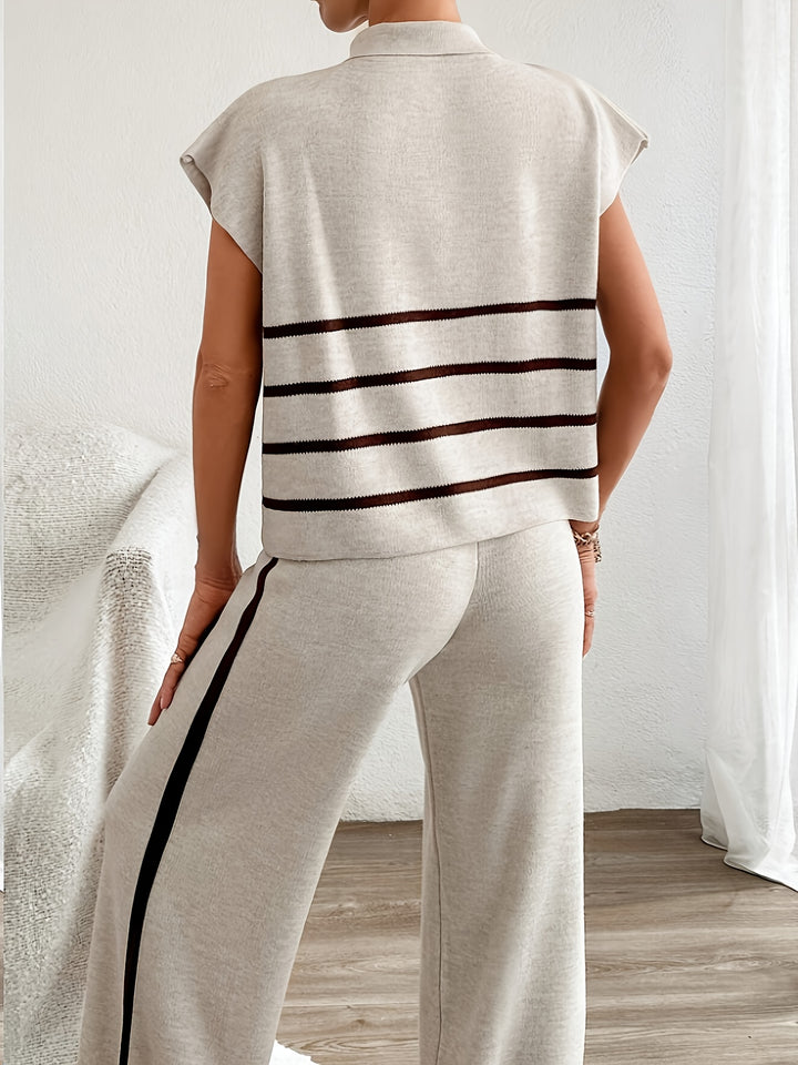 Zenaida | Modieuze Tweedelige Set met Gestreept Gilet & Wijde Broek