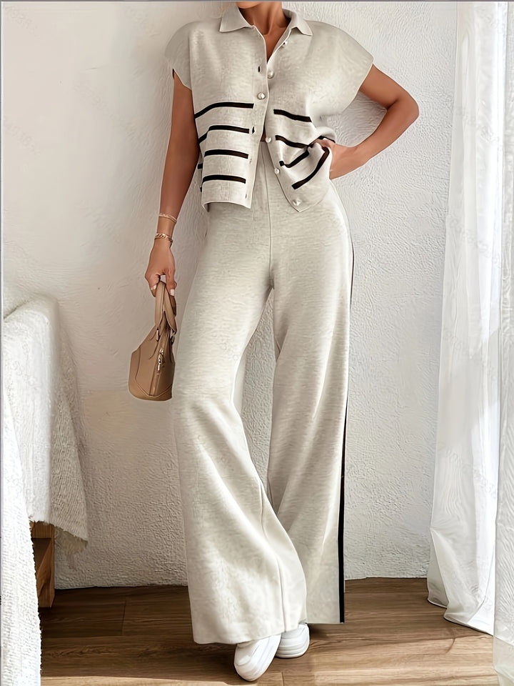 Zenaida | Modieuze Tweedelige Set met Gestreept Gilet & Wijde Broek