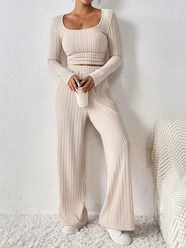 Zyla | Elegant Geribbeld Loungepak met Wijde Broek