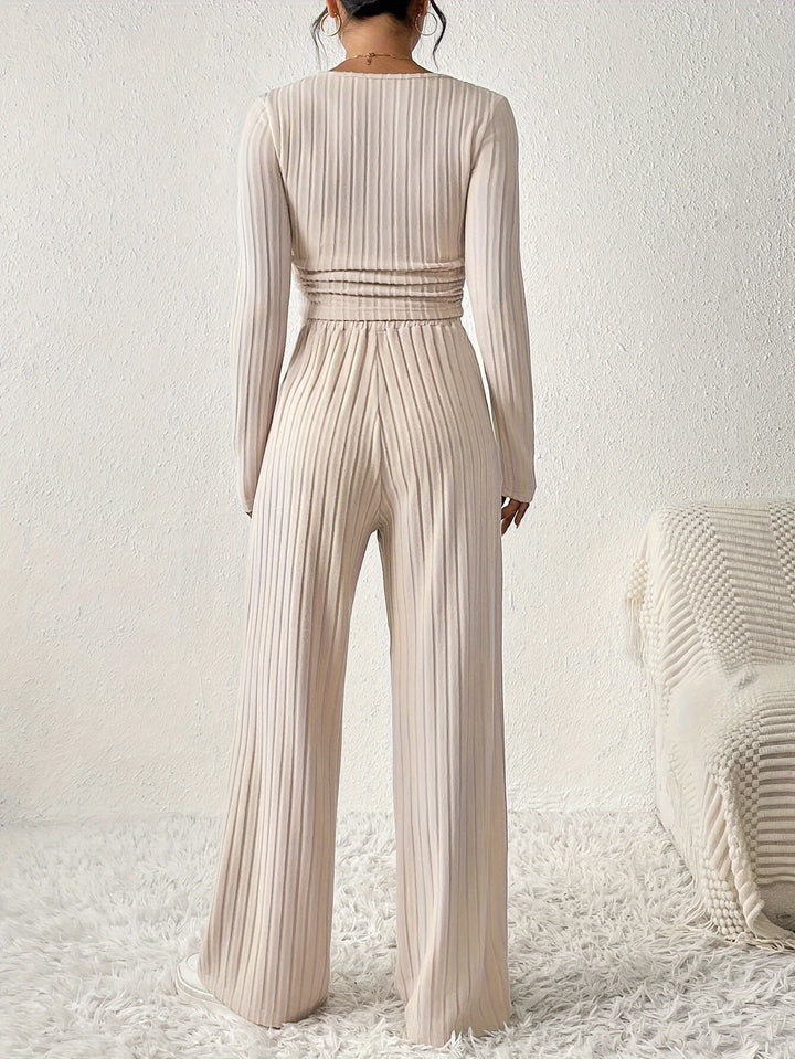 Zyla | Elegant Geribbeld Loungepak met Wijde Broek