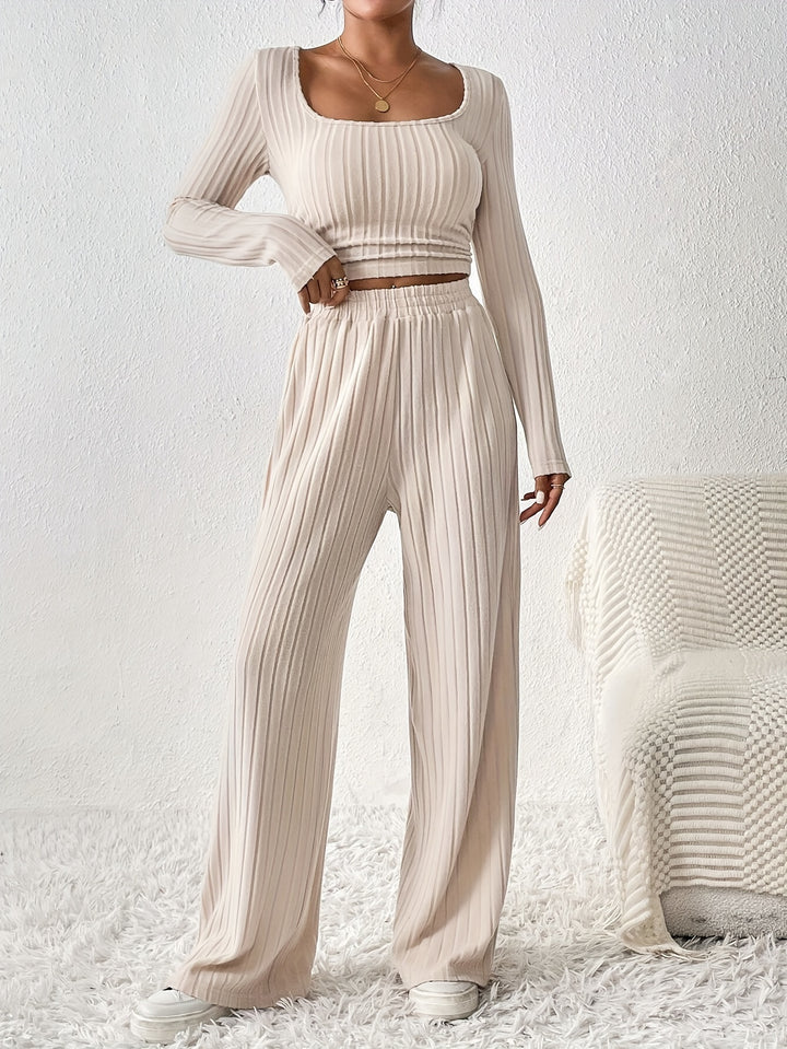 Zyla | Elegant Geribbeld Loungepak met Wijde Broek
