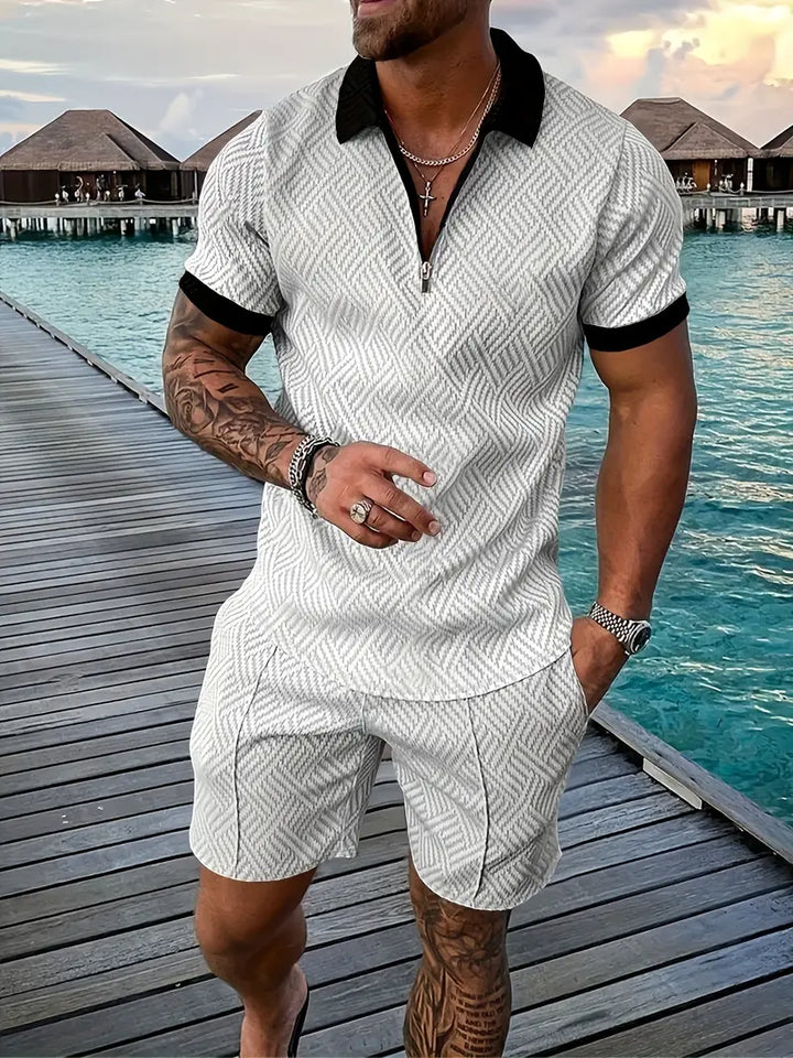 Heren Set Polo en Korte Broek – Slim Fit – Ademend Textuur – Ritssluiting – Casual