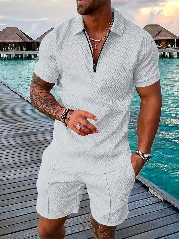 Heren Set Polo en Korte Broek – Slim Fit – Ademend Textuur – Ritssluiting – Casual