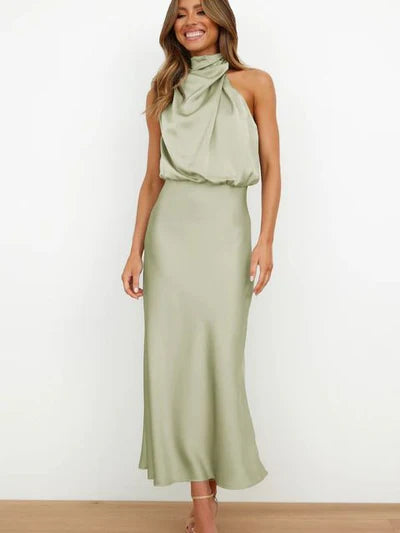 Anna – Elegante Halter Midi Jurk voor Dames met Hoge Hals en Satijnlook