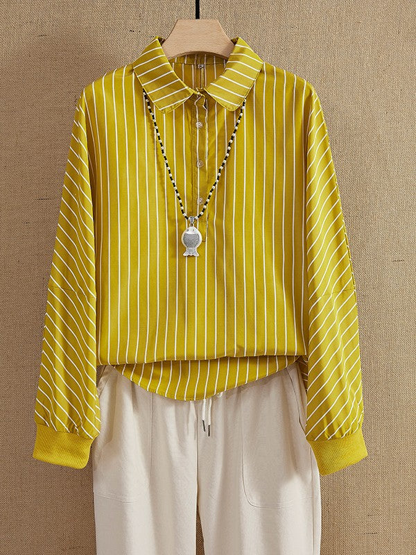 Dames Blouse – Relaxed Fit – Verticale Strepen – Ademend Materiaal – Lange Mouw