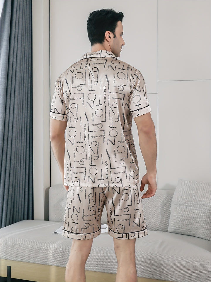 Zomerse nachtjapon voor heren met korte mouwen, shorts en lange broek, met een dunne stof en letterprint ontwerp, inclusief een vest.